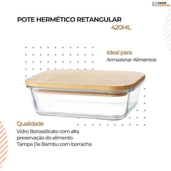 Pote Hermético com Tampa de Bambu Retangular 420ml - Lehaví Pote Hermético com Tampa de Bambu Retangular 420ml - Lehaví