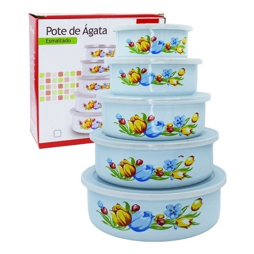 Conjunto com 5 Potes de Ágata Esmaltado com Tampa 