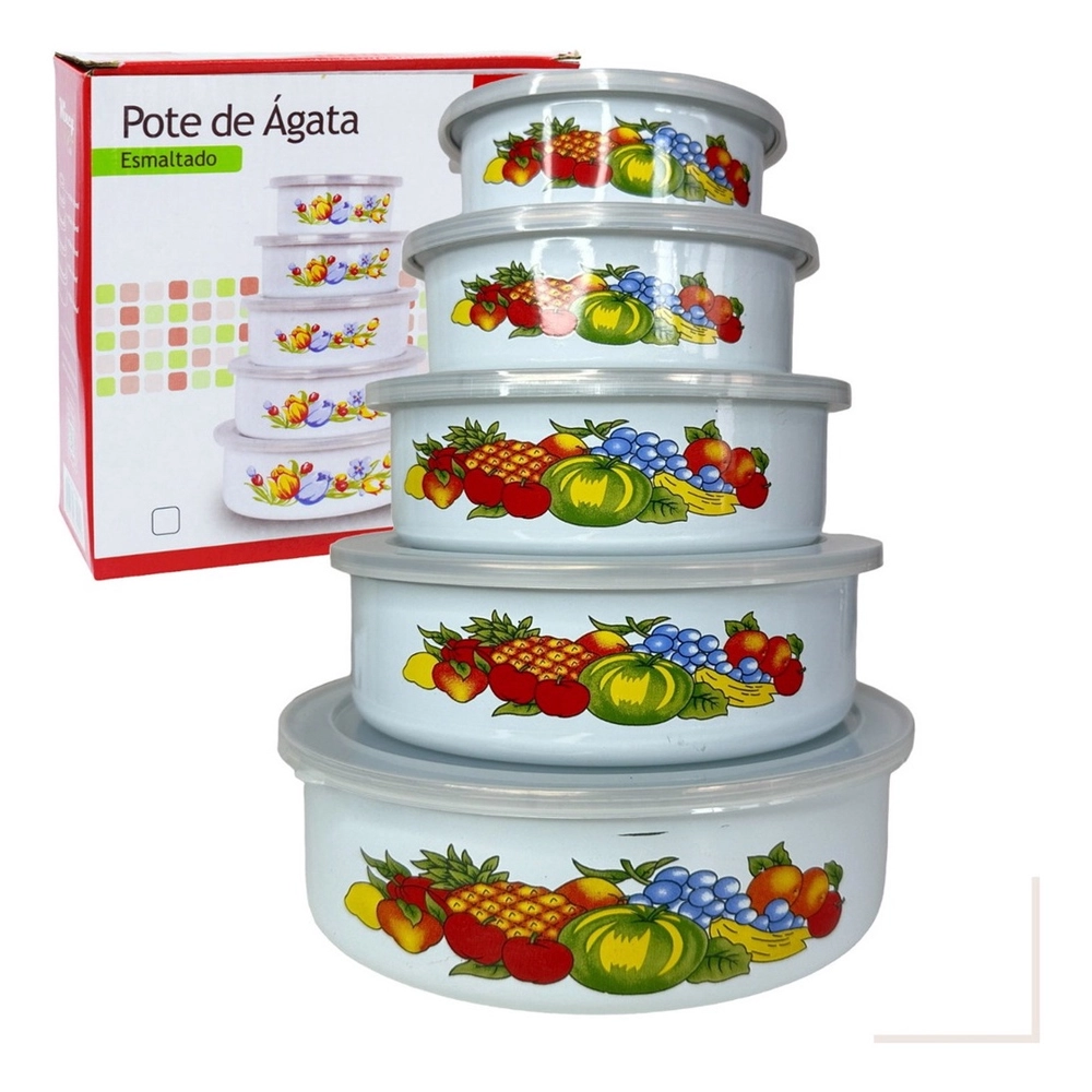 Conjunto com 5 Potes de Ágata Esmaltado com Tampa 