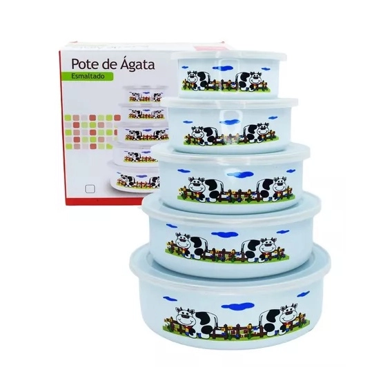 Conjunto com 5 Potes de Ágata Esmaltado com Tampa Conjunto com 5 Potes de Ágata Esmaltado com Tampa