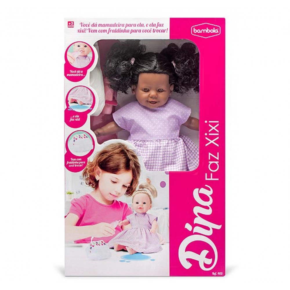 Boneca Bambola Dina Negra Faz Xixi na Fralda - Bambola