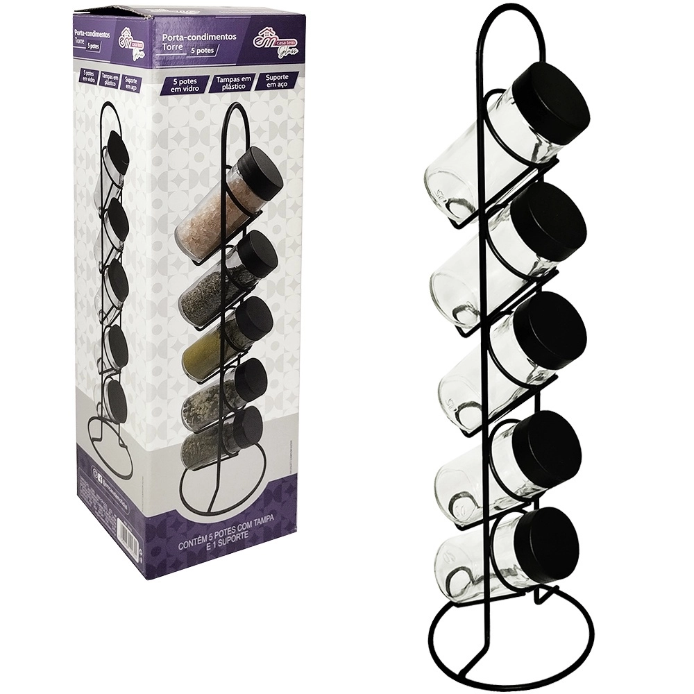 Porta Temperos de Vidro com Suporte Aramado Torre Black – 90ML