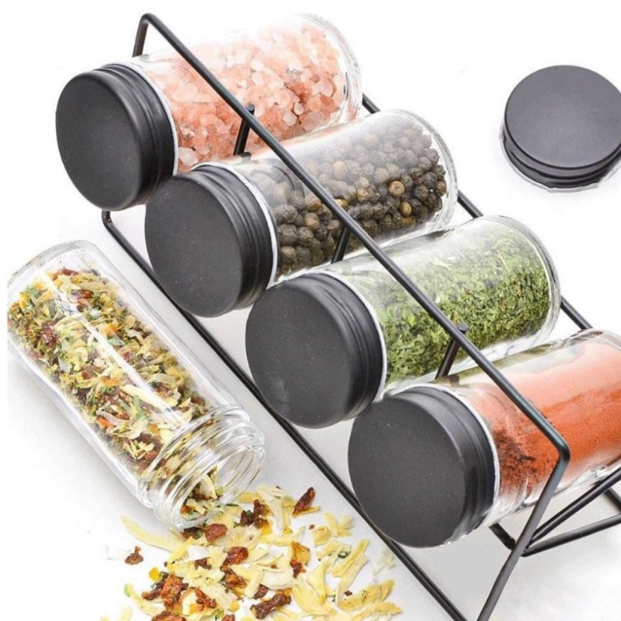 Porta Temperos com 4 Potes de Vidro e Suporte Aramado