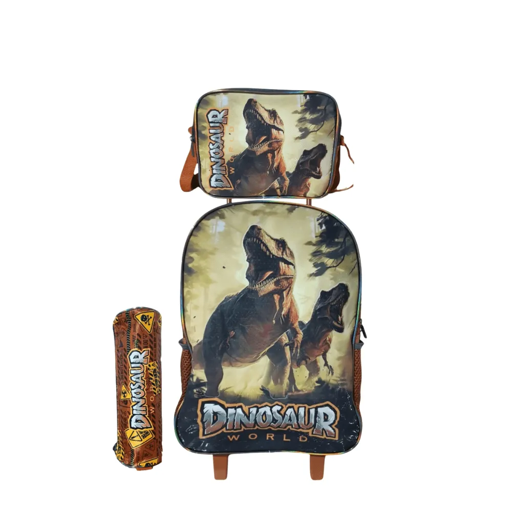 Kit Mochila de Rodinhas com Lancheira, Estojo de Dinossauro